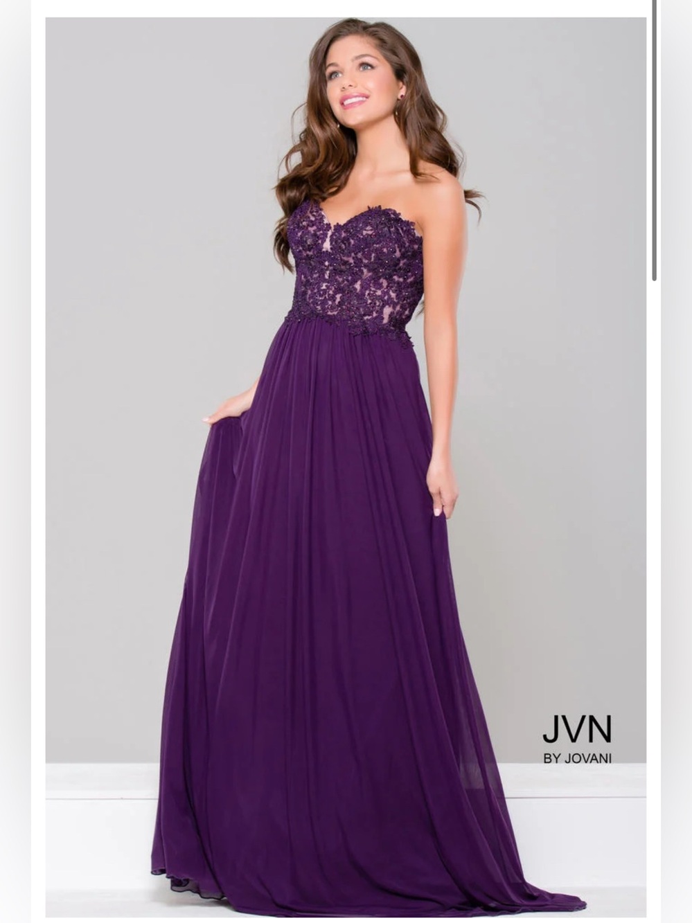 JVN by Jovani Strapless Beaded Lace Corset Formal Prom Gown Eggplant Purple 12